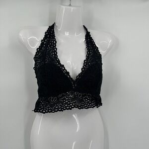 Womens Whimsigoth Black Lace Baby Doll Cropped Top‎ SizM Coquette Festival Goth